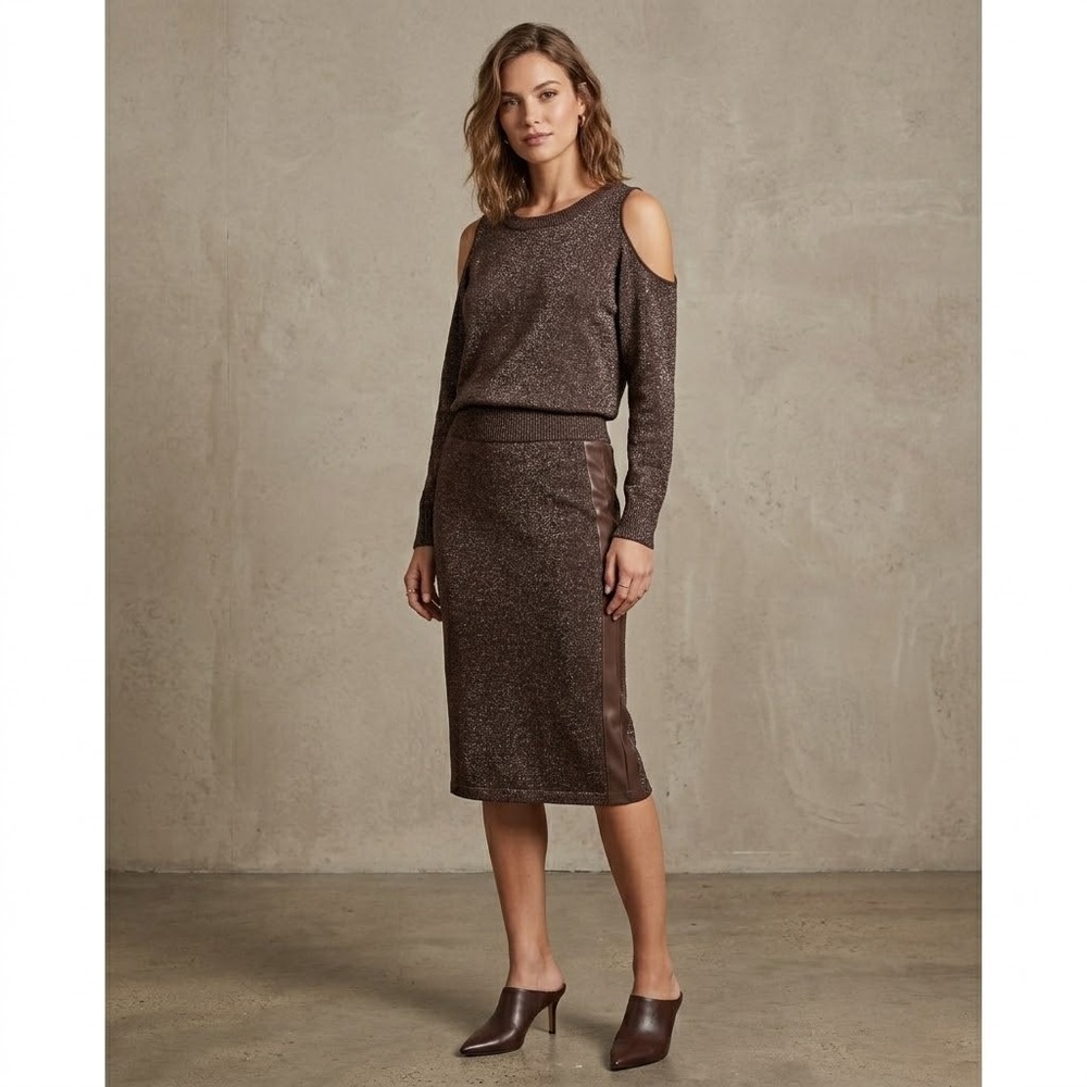 Ashro Womens 2 Piece‎ Set Brown Metallic Cold Shoulder Sweater Midi Skirt L